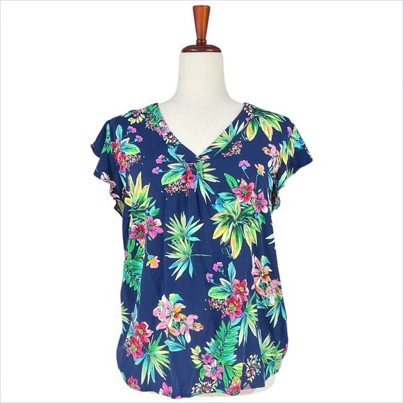ANNE CARSON Vibrant Tropical Print Floral Flutter-Sleeve V-Neck Blouse Size M - Picture 1 of 7